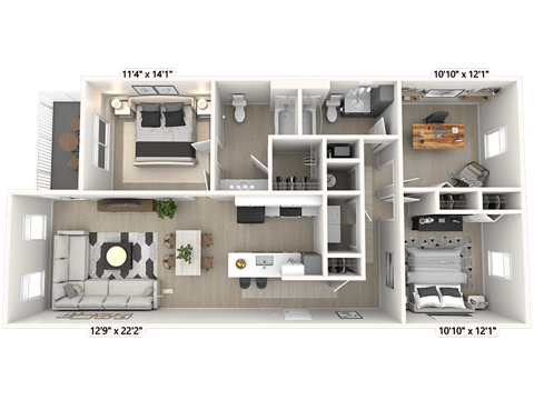 Floor plan for 3 beds, 2 baths, 1223 sqft